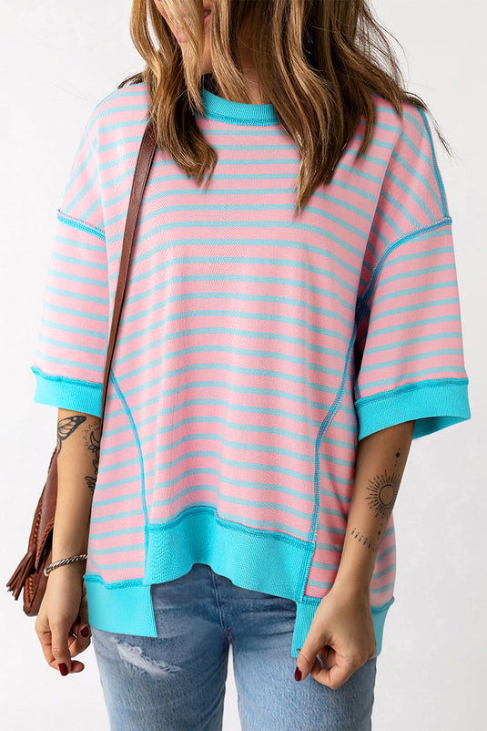 Adley Stripe Oversized Exposed Seam High Low Top