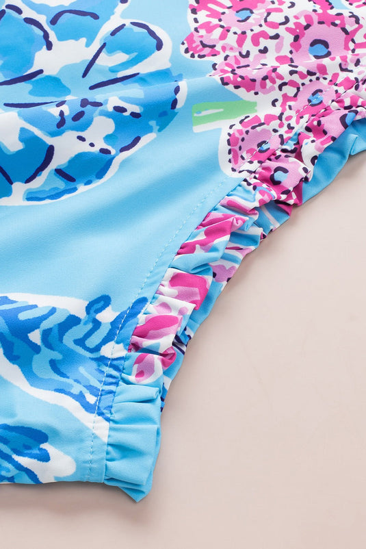 Ruffle Trimmed Seashore Print Romper Shorts