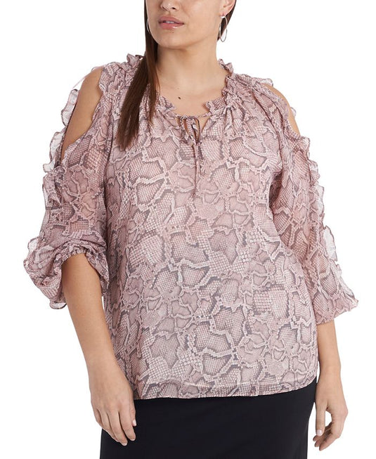 1.STATE Women's Trendy Plus Ruffled Cold-Shoulder Printed Top