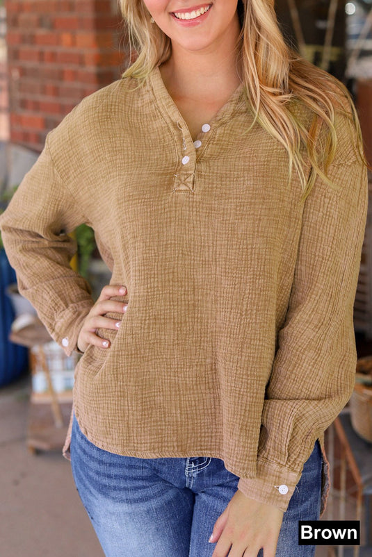 Crinkled Cotton Long Sleeve Top