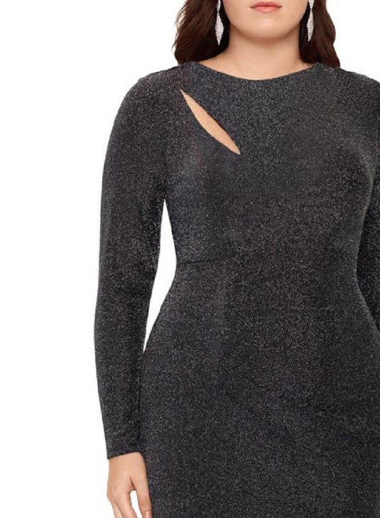 XSCAPE Women's Glitter Long Sleeve Cocktail Dress Black Size Petite Small