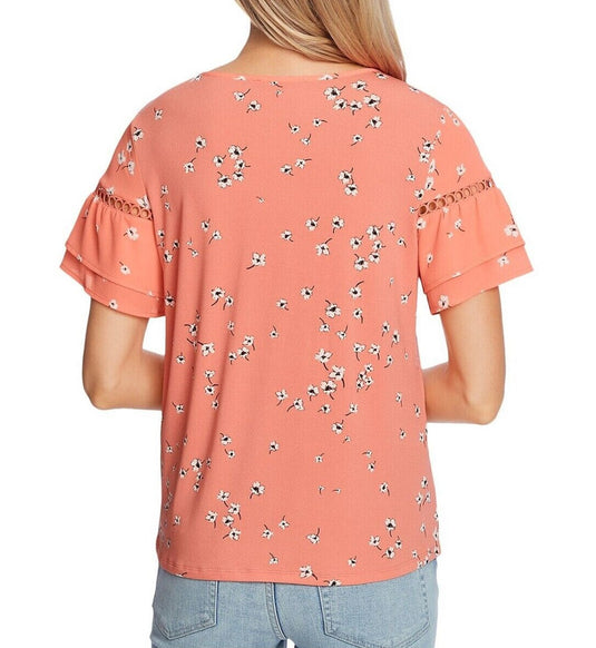 CeCe Women's Stretch Cut Out Short Tiered Sleeves Floral Round Neck Top Orange Size Small