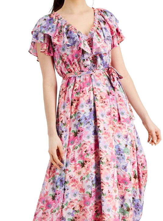Taylor Women's Ruffled Floral Print Chiffon a Line Dress Pink Size 4