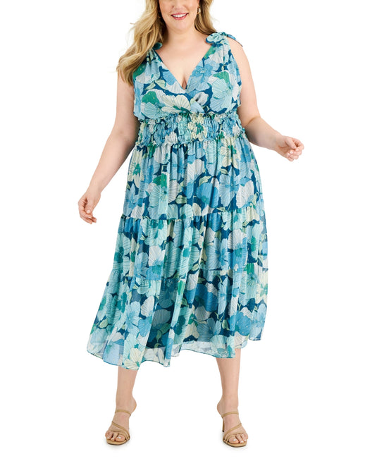 Taylor Women's Printed Smocked Waist Maxi Dress Green Size 22W