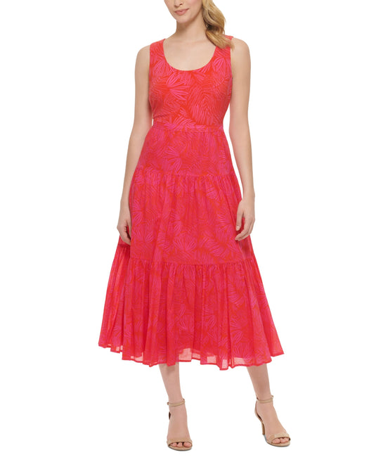 Tommy Hilfiger Women's Cotton Palm Print Midi Dress Pink Size 10