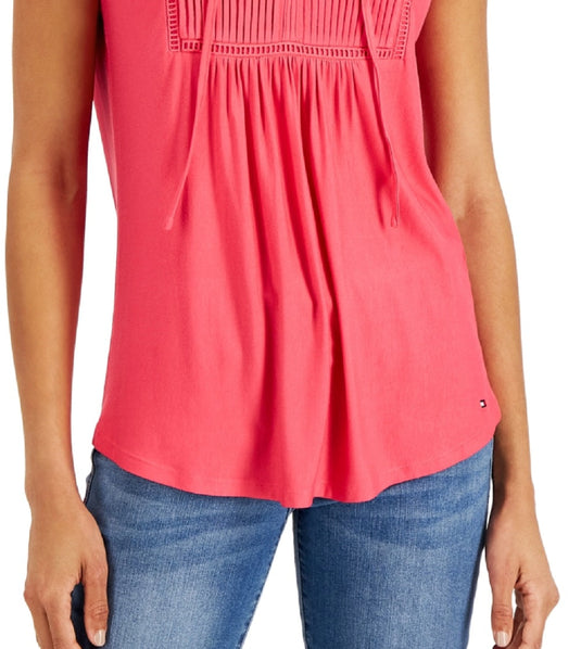 Tommy Hilfiger Women's Solid Pintucked Ladder Trip Top Pink Size X-Small