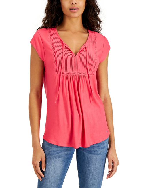 Tommy Hilfiger Women's Solid Pintucked Ladder Trip Top Pink Size X-Small