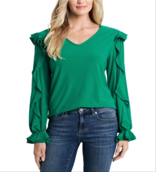 CeCe Women's Ruffle Knit Long Sleeve Top Green Size X-Small