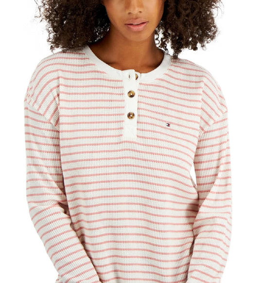 Tommy Hilfiger Women's Long Sleeve Striped Boxy Henley Top Pink Size Small