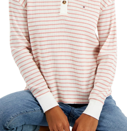 Tommy Hilfiger Women's Long Sleeve Striped Boxy Henley Top Pink Size Small