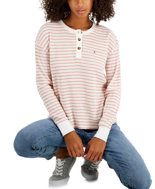 Tommy Hilfiger Women's Long Sleeve Striped Boxy Henley Top Pink Size Small