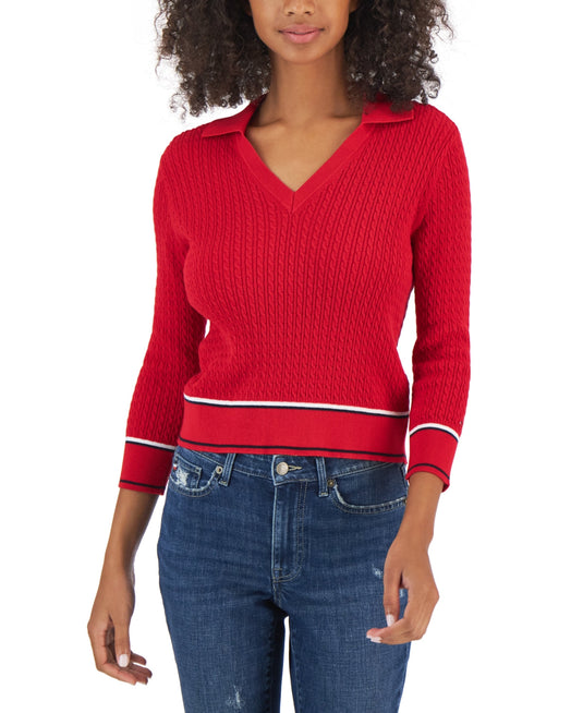 Tommy Hilfiger Women's Cotton Johnny Collar Cable Knit Sweater Red Size X-Large
