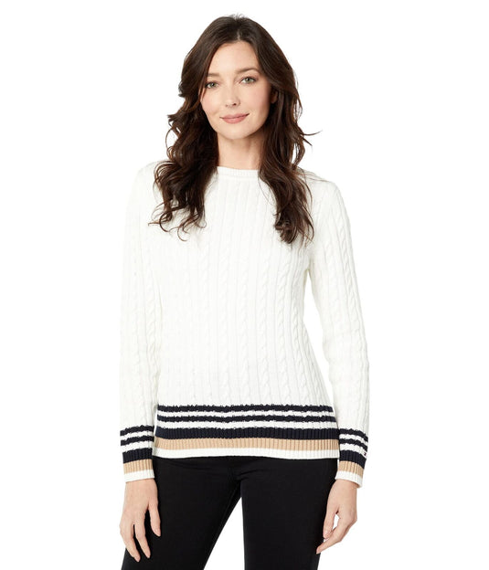 Tommy Hilfiger Women's Cotton Cable Knit Tipped Sleeve Sweater White Size X-Large