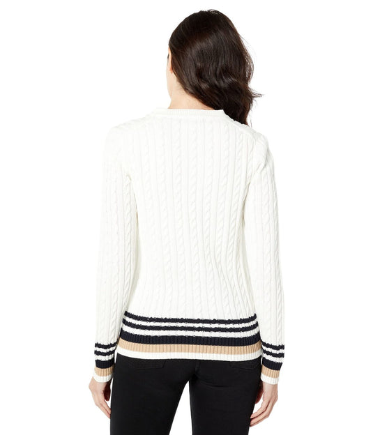 Tommy Hilfiger Women's Cotton Cable Knit Tipped Sleeve Sweater White Size X-Large