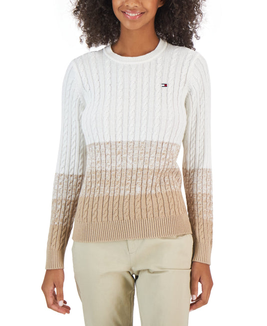 Tommy Hilfiger Women's Cotton Ombre Cable Knit Sweater White Size X-Large