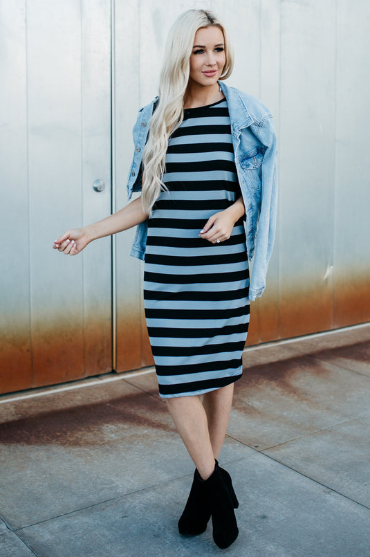 Striped Tee Dress: Black and Gray Thick Stripes