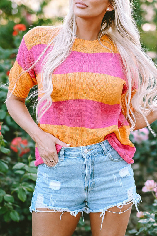 Henley Stripe Color Block Knitted T-Shirt Sweater