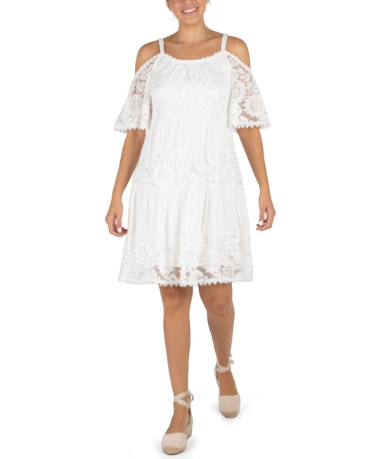 Robbie Bee Women's Cold Shoulder Gauze Lace Shift Dress White Size Petite Medium