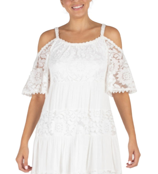 Robbie Bee Women's Cold Shoulder Gauze Lace Shift Dress White Size Petite Medium