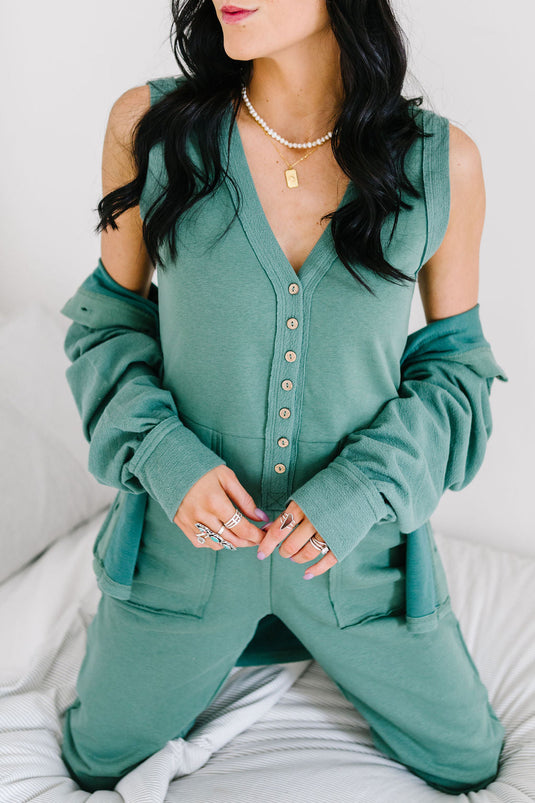 At Ease Button-Up Jumpsuit Set