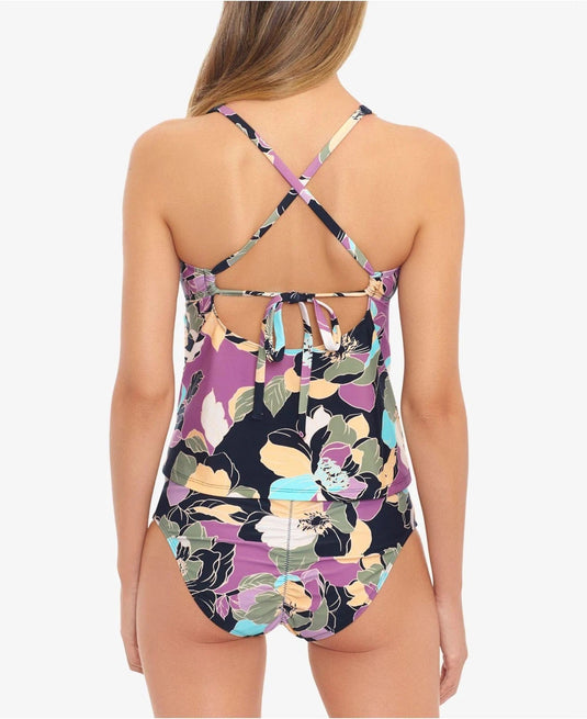 Salt + Cove Junior's Midnight Bloom v Wire Tankini Top Swimsuit Black