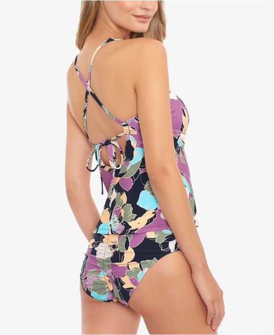 Salt + Cove Junior's Midnight Bloom v Wire Tankini Top Swimsuit Black