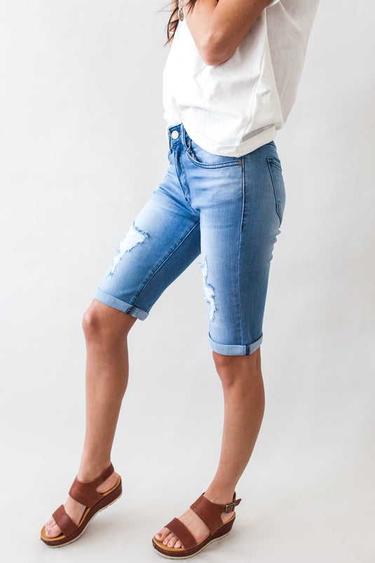 Not Alone Distressed Kancan Bermuda Shorts in Blue