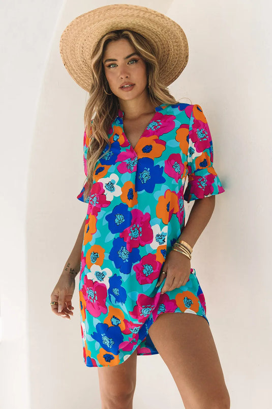 Half Sleeve Colorful Poppy Floral Dress