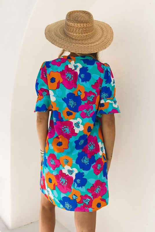 Half Sleeve Colorful Poppy Floral Dress