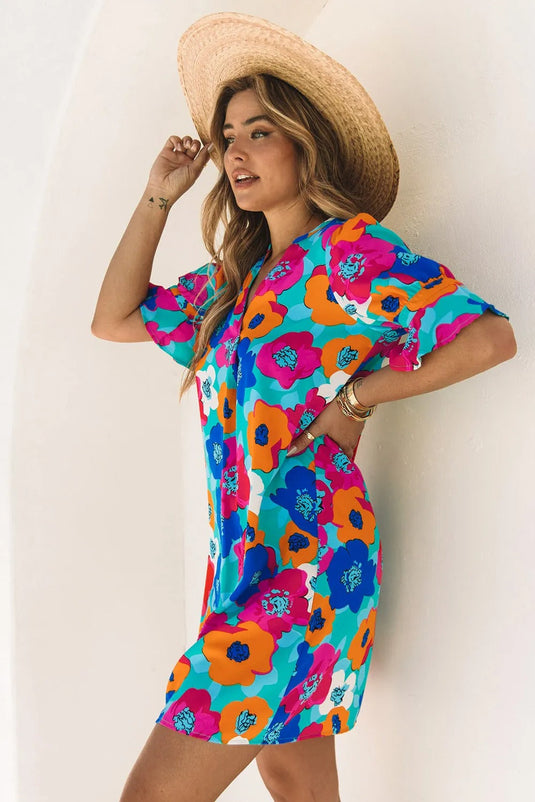 Half Sleeve Colorful Poppy Floral Dress