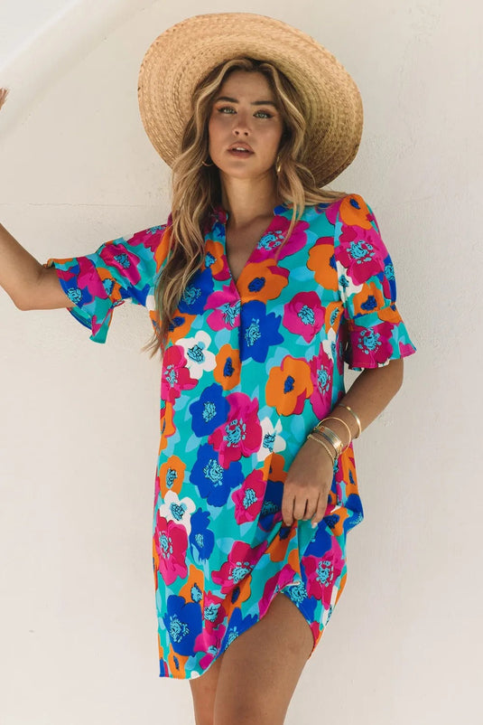 Half Sleeve Colorful Poppy Floral Dress