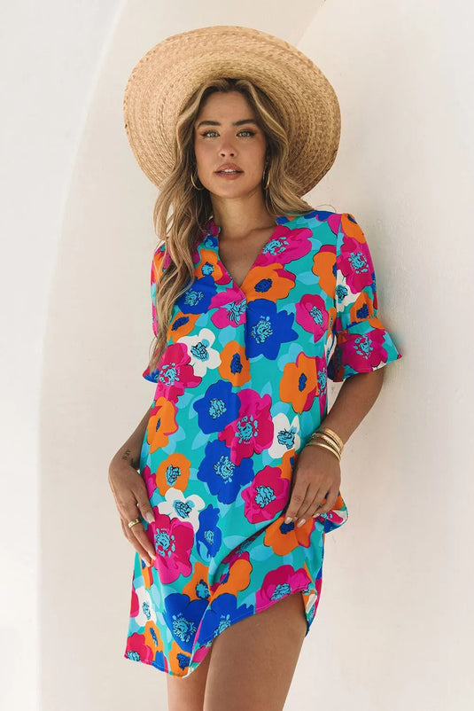 Half Sleeve Colorful Poppy Floral Dress