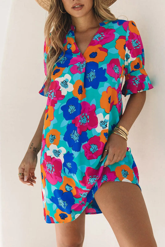 Half Sleeve Colorful Poppy Floral Dress