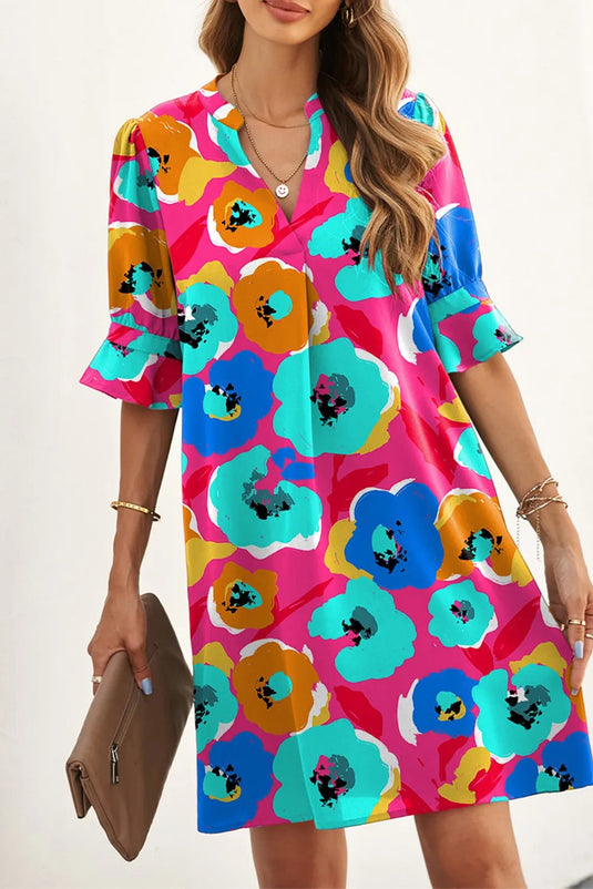 Half Sleeve Colorful Poppy Floral Dress