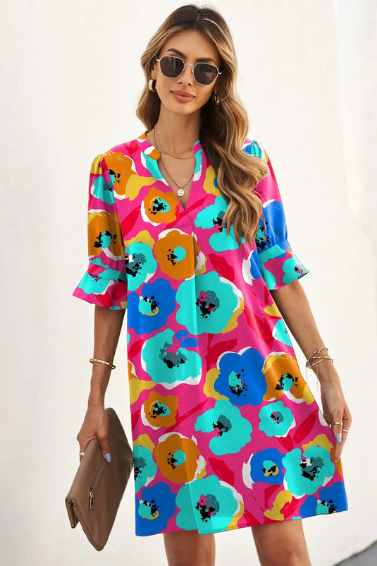 Half Sleeve Colorful Poppy Floral Dress