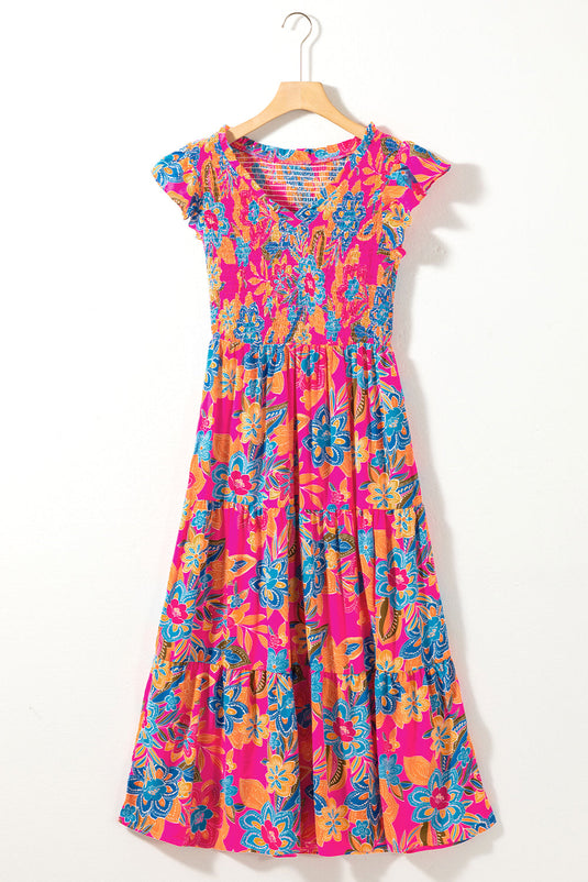 Ruffled Sleeve Boho Floral Smocked Tiered Maxi Dress