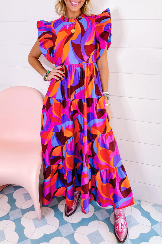 Colorful Abstract Print Ruffled Tiered Maxi Dress