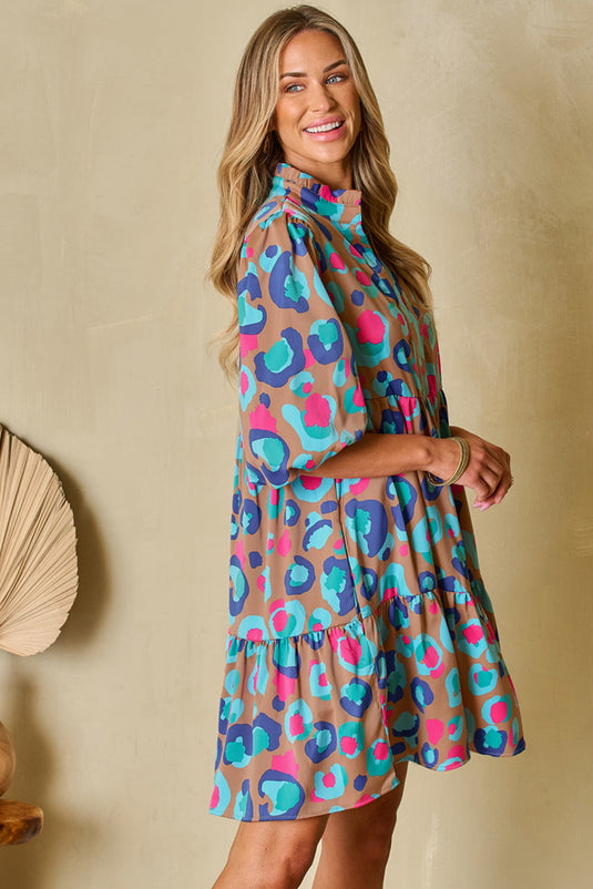 Abstract Print Bubble Sleeve Tiered Ruffled Dress