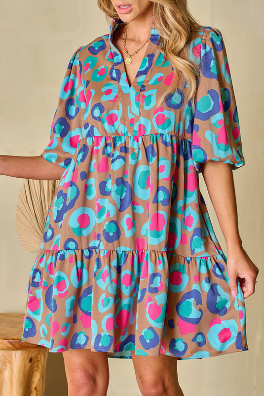 Abstract Print Bubble Sleeve Tiered Ruffled Dress