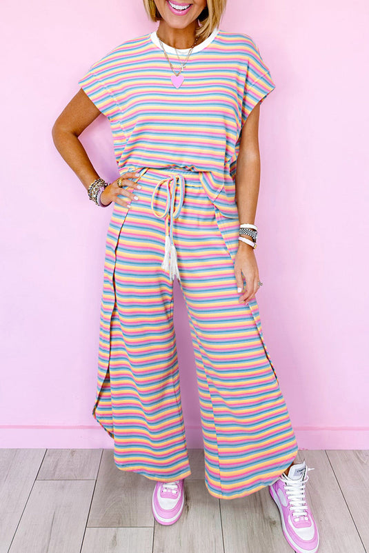 Candy Pink Striped Top Tassel Wide Legged Pants Matching Set