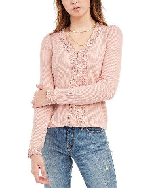 American Rag Juniors' Lace-Trimmed Button-Front Top Pink