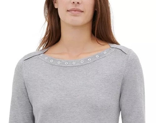 Calvin Klein Women's Heather Long Sleeve Jewel Neck Top Gray Size Medium
