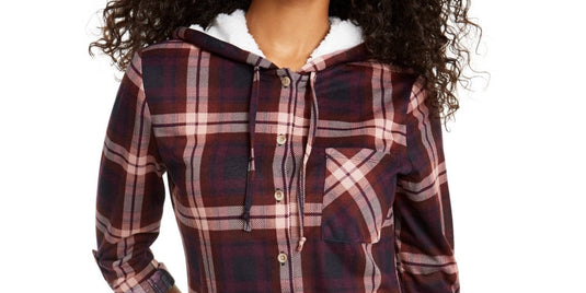 Polly & Esther Junior's Plaid Faux Trimmed Hoodie Brown Size X-Small