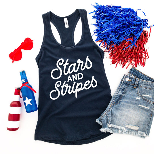 Stars and Stripes Slanted Cursive Puff Print | Racerback Tank