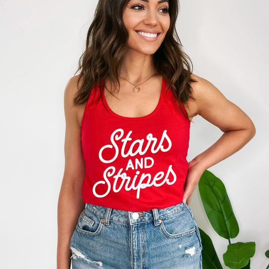 Stars and Stripes Slanted Cursive Puff Print | Racerback Tank