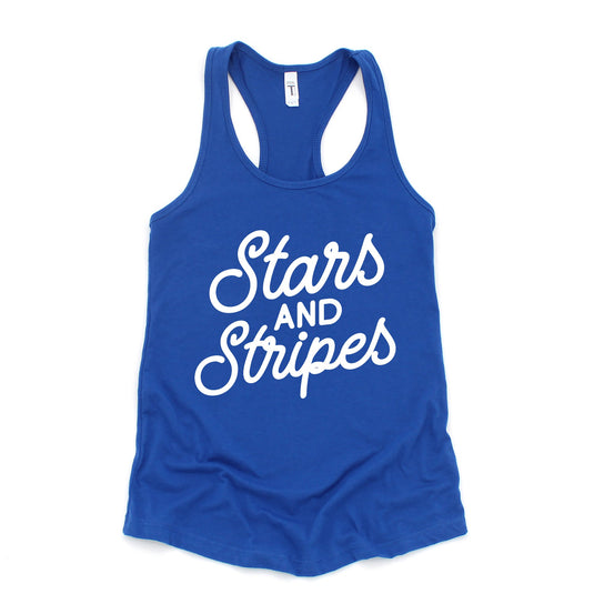 Stars and Stripes Slanted Cursive Puff Print | Racerback Tank