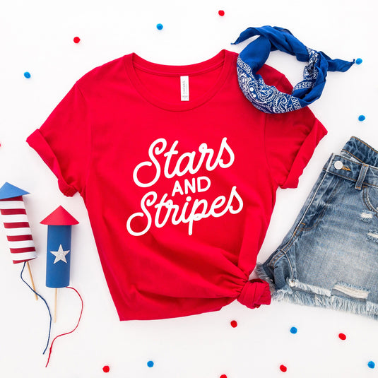 Stars and Stripes Slanted Cursive Puff Print | Short Sleeve Graphic Tee