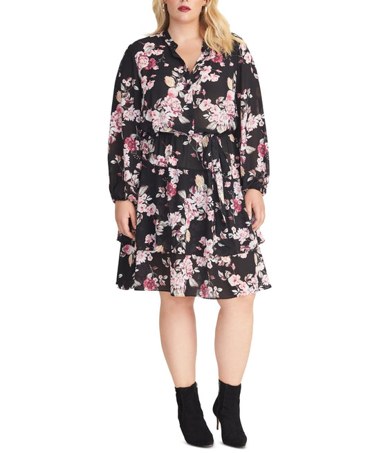 Rachel Roy Women's Plus Size Ally Floral Print Long Sleeve Dress Black Size 2X