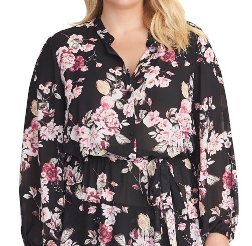 Rachel Roy Women's Plus Size Ally Floral Print Long Sleeve Dress Black Size 2X