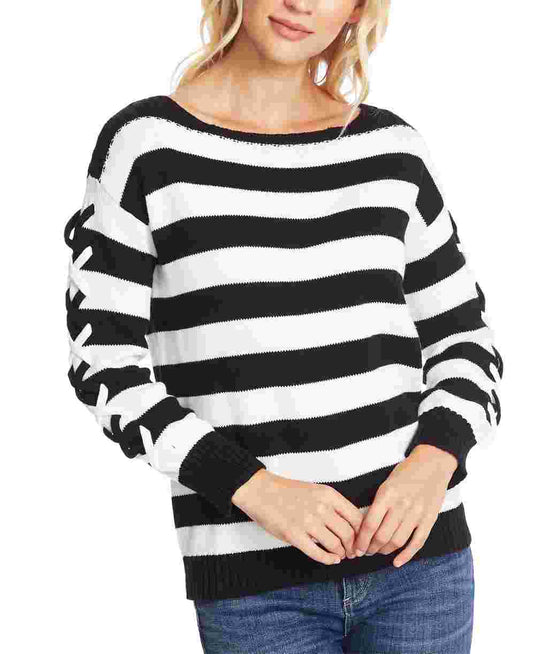 CeCe Women's Striped Long Sleeve Boat Neck Sweater Black Size X-Small